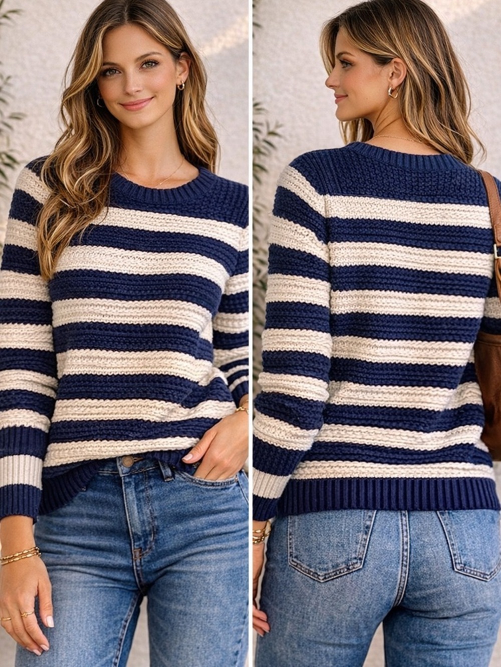 LOFT Striped Sweater Womens Small Navy Cream Chunky Knit Crewneck Pullover‎ Cozy